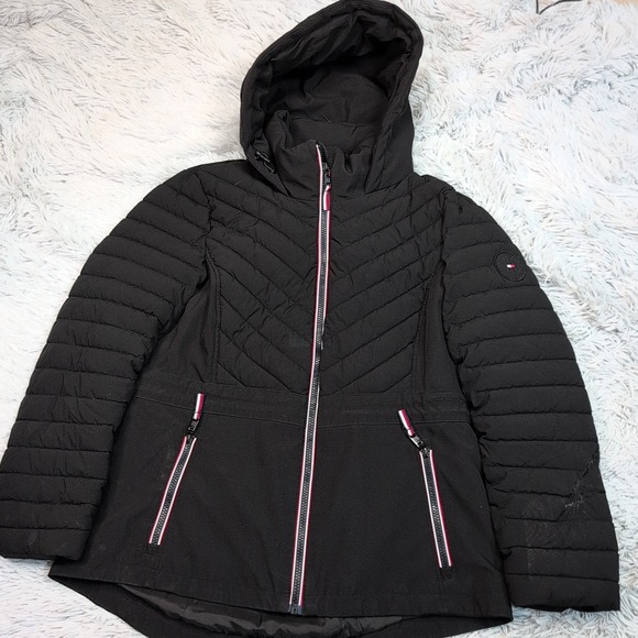 Tommy Hilfiger Jackets & Blazers - Tommy‎ Hilfiger Jacket Womens M Black Hood Zip Up Gorpcore Pockets Puffer Logo